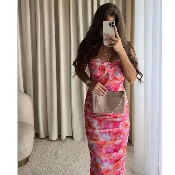 ZARA PRINTED TULLE MIDI DRESS PINK FLORAL - Picture 3 of 17